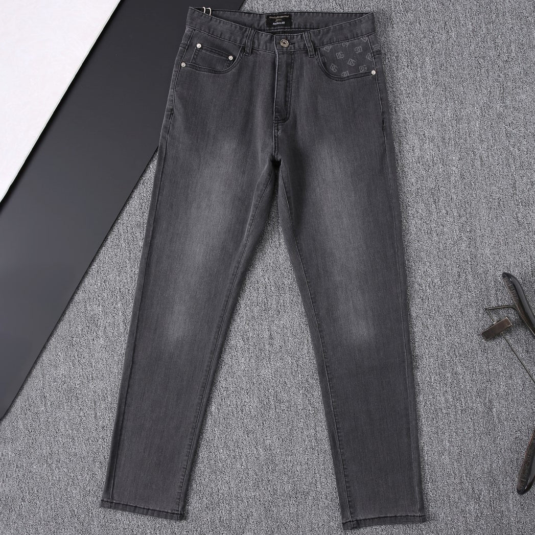 Grey Washed Mens Letter Print Pocket Denim Trousers R260526
