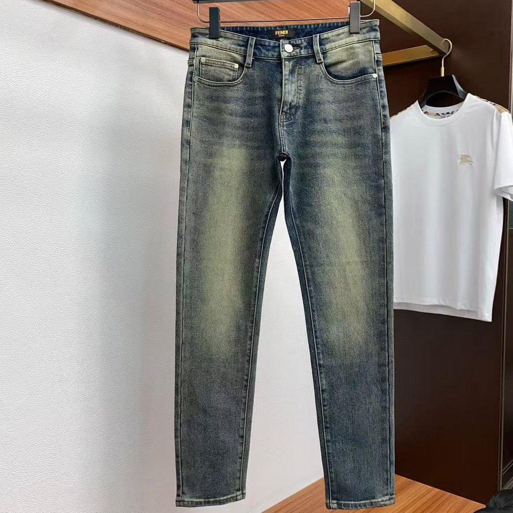 Vintage Faded Dark Wash Yellow Eye Appliqué Slim Jeans C261033