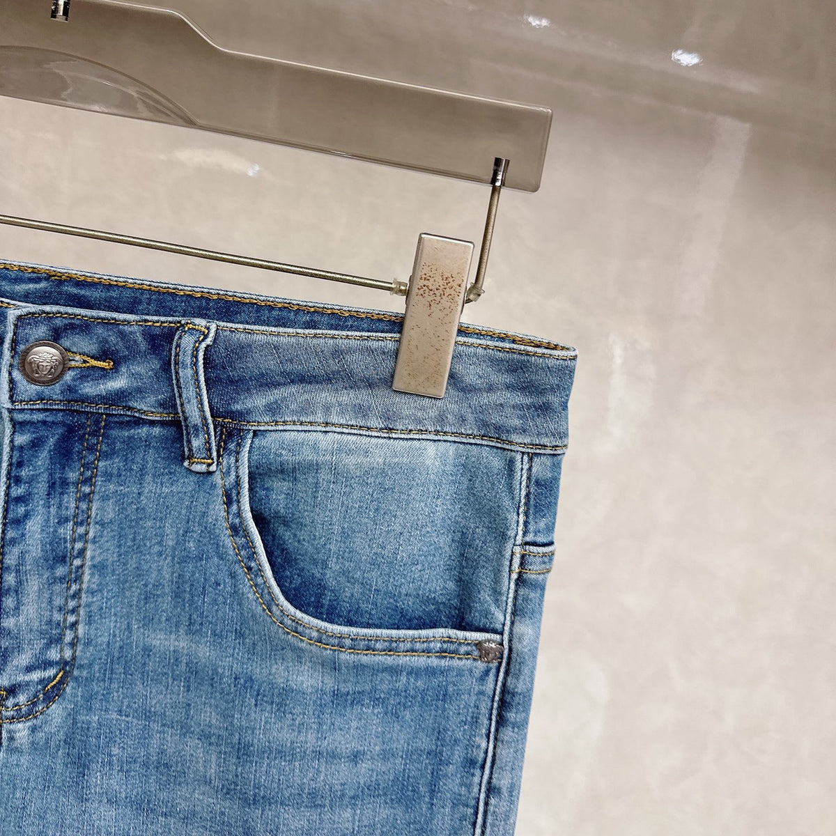 Pale Washed Denim Pants With Dual Portrait Graphic On Back Pocket R260506