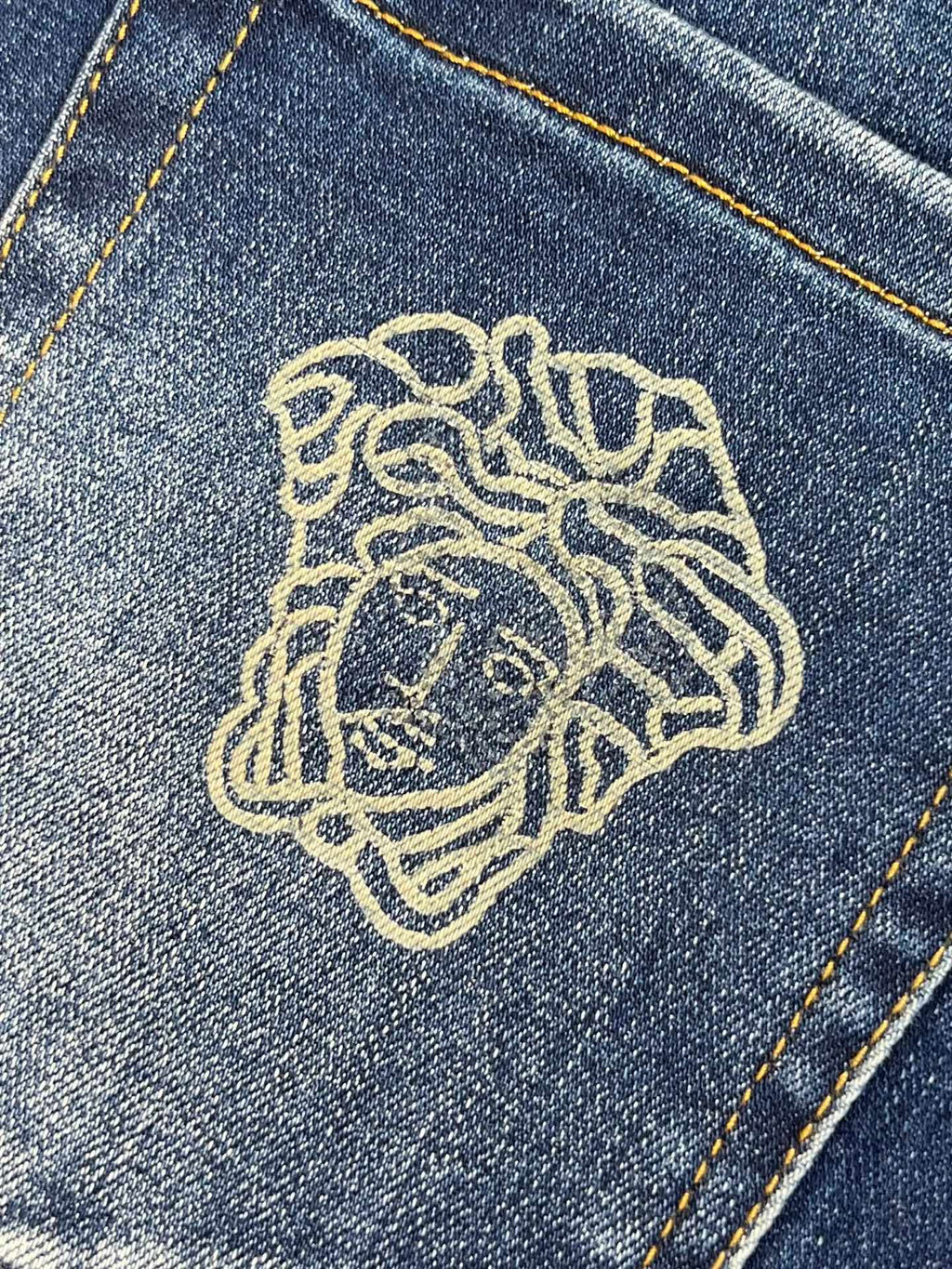 Retro Dark Blue Denim Pants With Portrait Embroidery On Rear Pocket R260527
