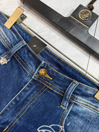 Retro Dark Blue Denim Pants With Portrait Embroidery On Rear Pocket R260527