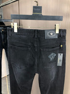Men Solid Black Embroidered Medusa Slim Denim Pants C261048