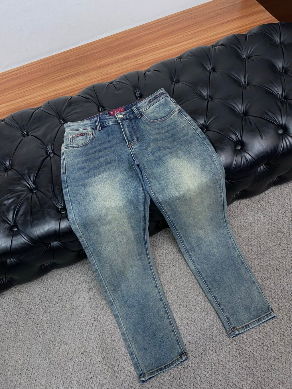 Vintage Faded Wash Mens Circular Motif Embroidered Pocket Denim Trousers R260529