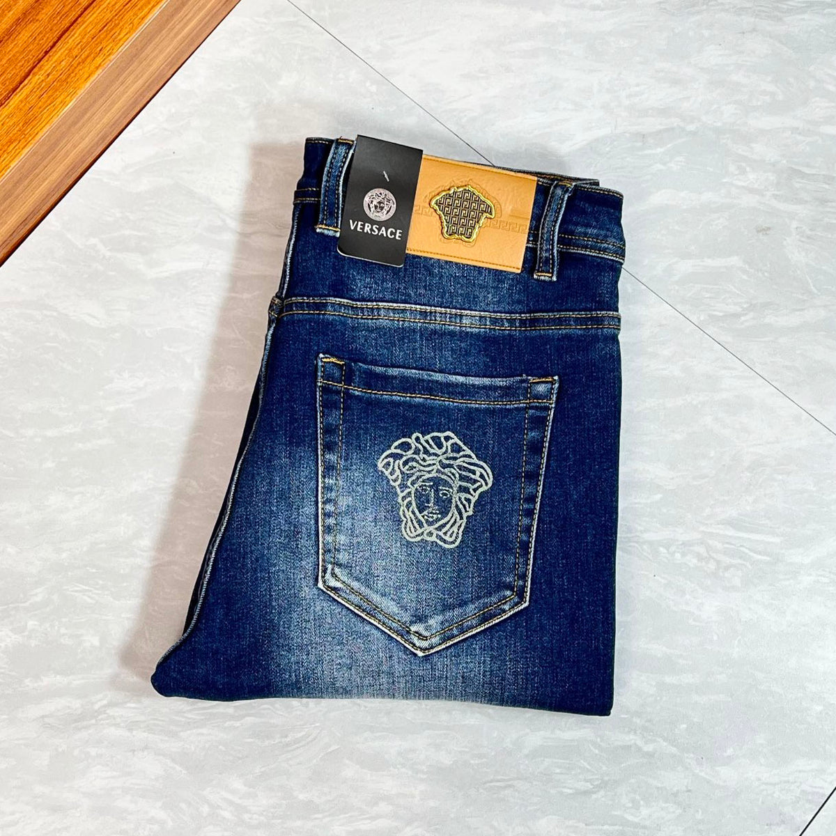Retro Dark Blue Denim Pants With Portrait Embroidery On Rear Pocket R260527