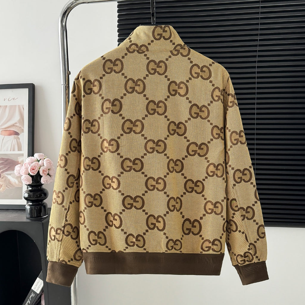 Full Monogram Stand Collar Zip Jacket Retro Pattern Bomber Coat N050501