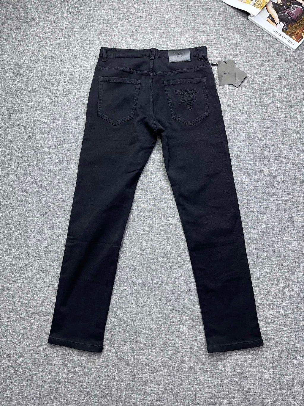 Solid Black Debossed Shield Motif Slim Denim M260716