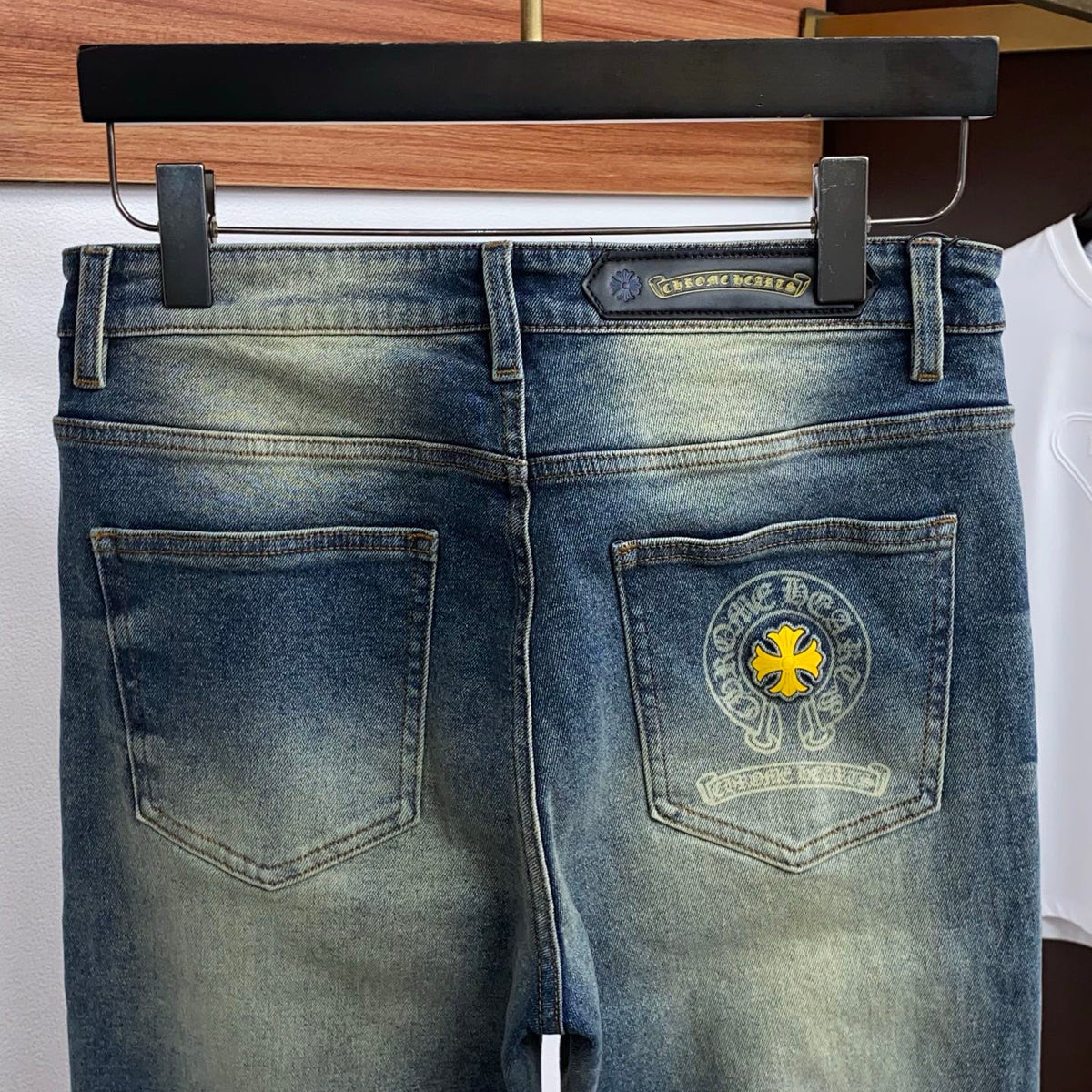 Back Pocket Cross Embroidered Vintage Faded Denim Jeans R260535