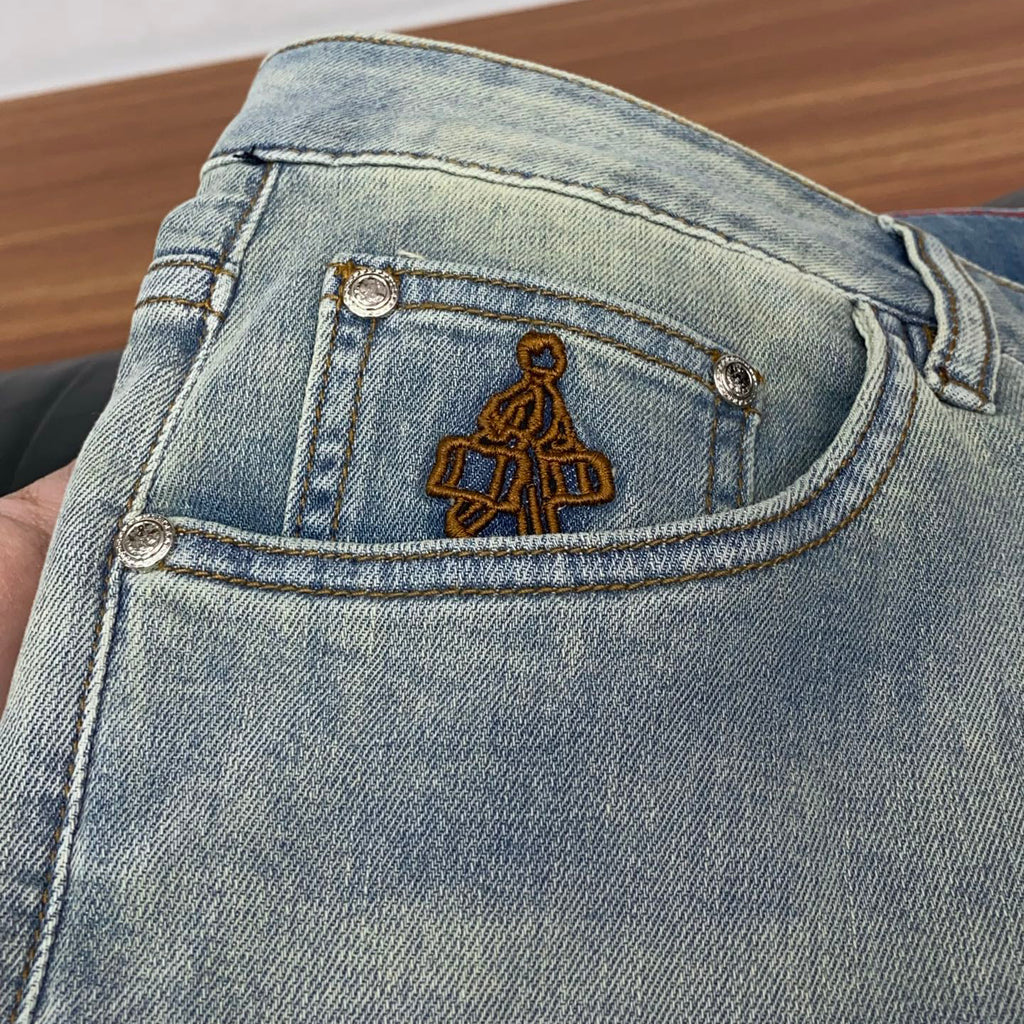 Light Vintage Faded Wash Mens Embroidered Denim Trousers R260504