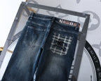 Dark Vintage Fade Check Print Knight Logo Jeans V260810