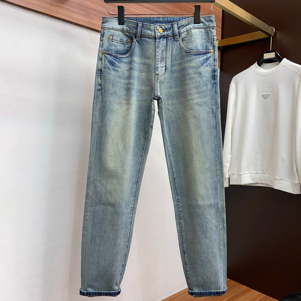 Light Faded Wash Mens Knight Motif Embroidered Pocket Denim Trousers R260525
