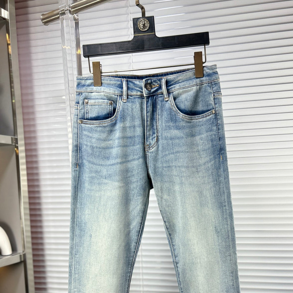 Light Blue Faded Wash Mens Embroidered Pocket Denim Trousers R260516