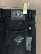 Men Solid Black Embroidered Medusa Slim Denim Pants C261048
