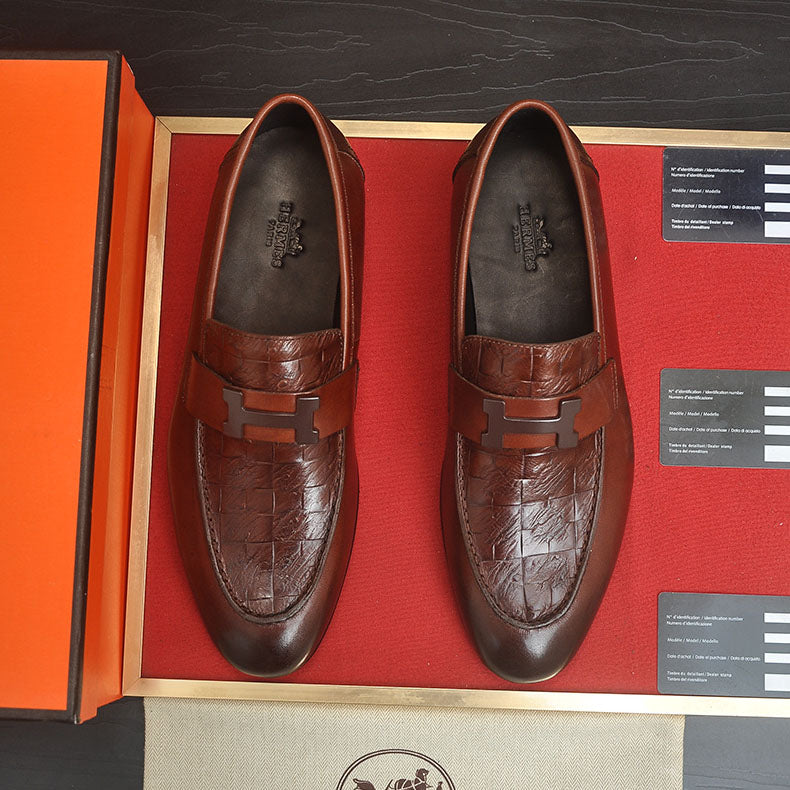 Men's H Buckle Croc Embossed Panel Loafers M10342250