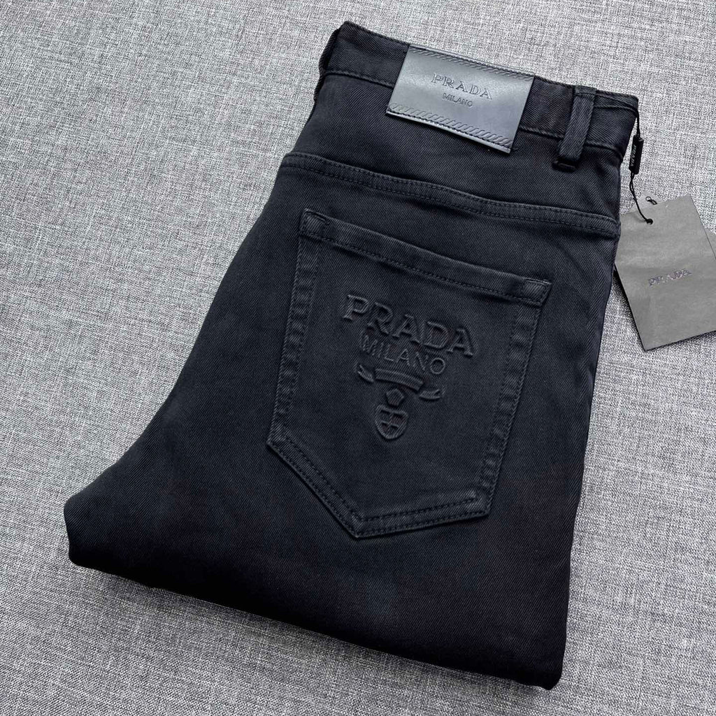 Solid Black Debossed Shield Motif Slim Denim M260716