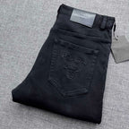 Solid Black Debossed Shield Motif Slim Denim M260716