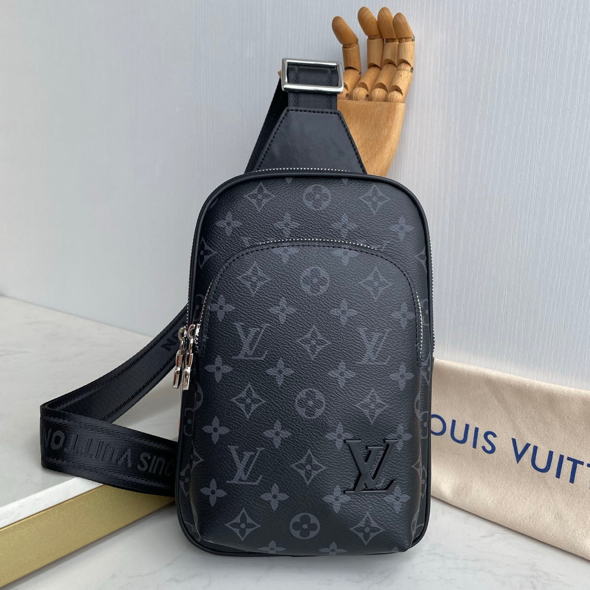 Printed Fabric Metal Logo Vertical Chest Sling Bag B101009