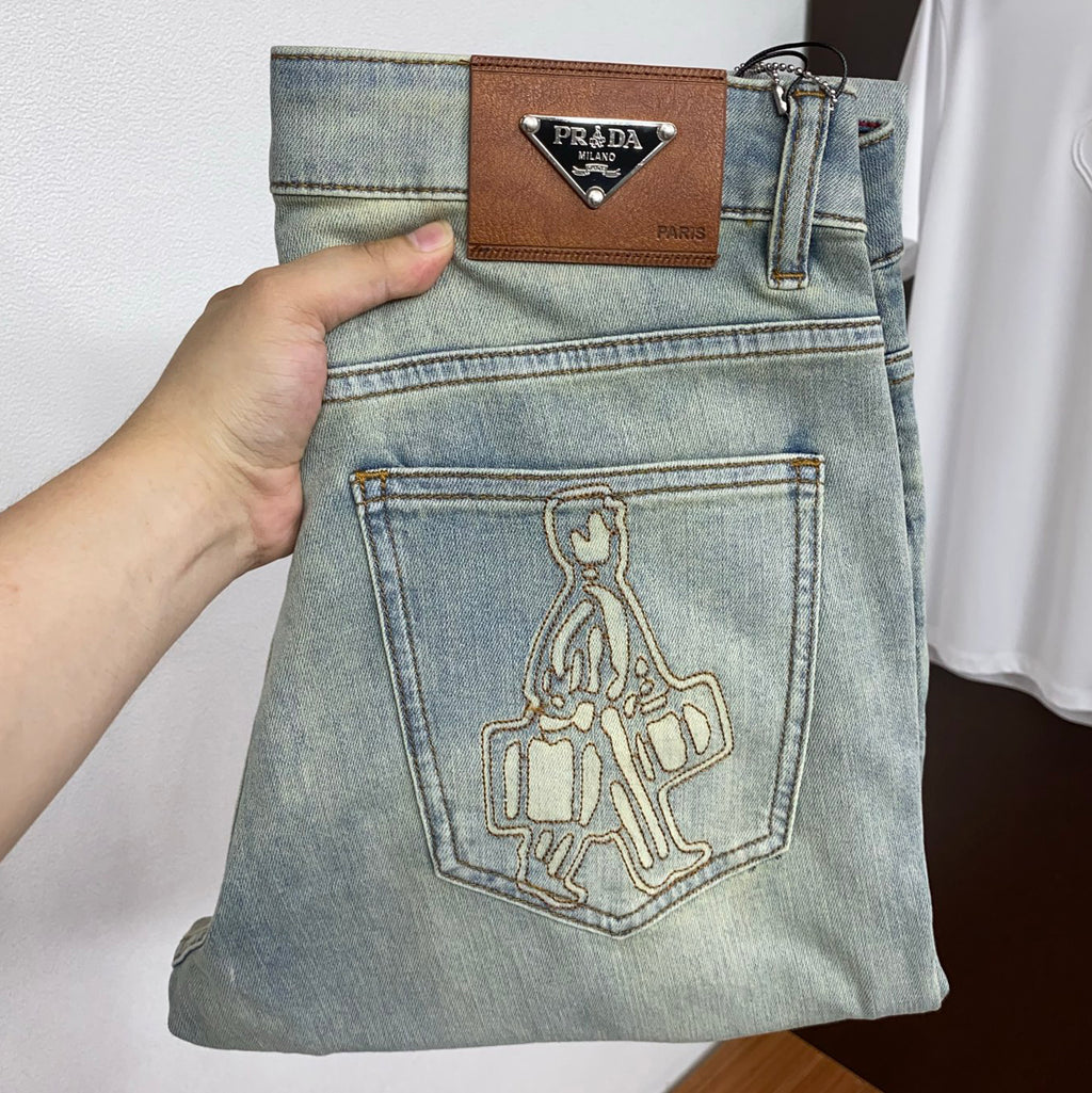 Light Vintage Faded Wash Mens Embroidered Denim Trousers R260504
