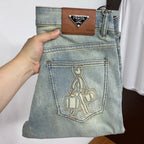 Light Vintage Faded Wash Mens Embroidered Denim Trousers R260504