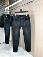 Men Solid Black Embroidered Medusa Slim Denim Pants C261048