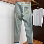 Light Vintage Faded Wash Mens Embroidered Denim Trousers R260504