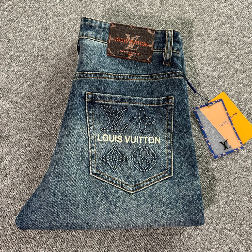 Stitched Monogram & Letter Print Pocket Slim Fit Denim M260701