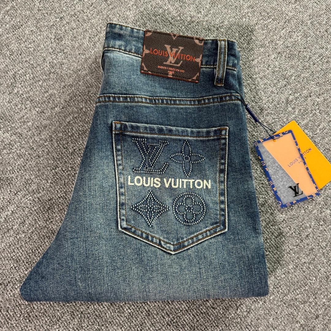 Stitched Monogram & Letter Print Pocket Slim Fit Denim M260701