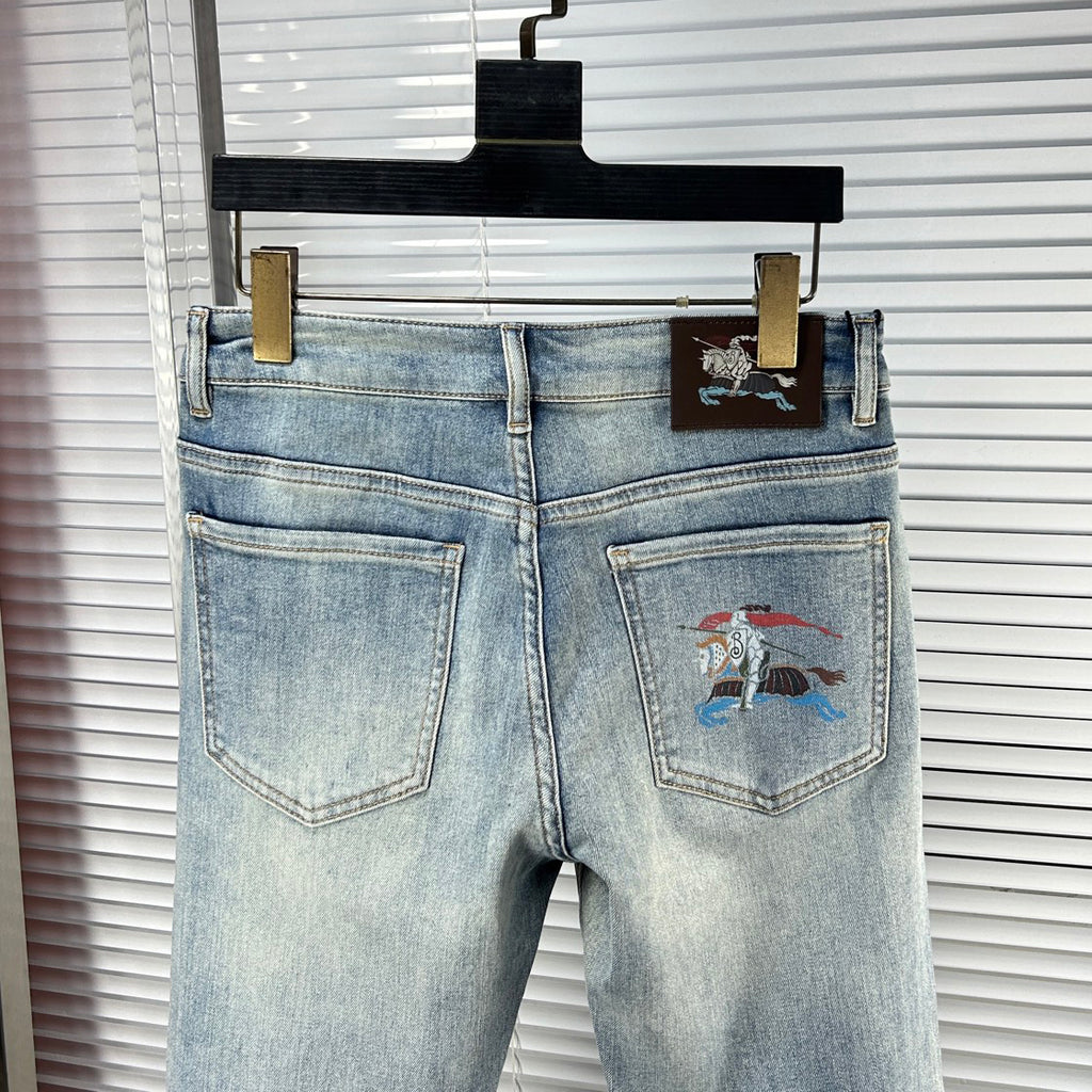 Light Blue Faded Wash Mens Embroidered Pocket Denim Trousers R260516
