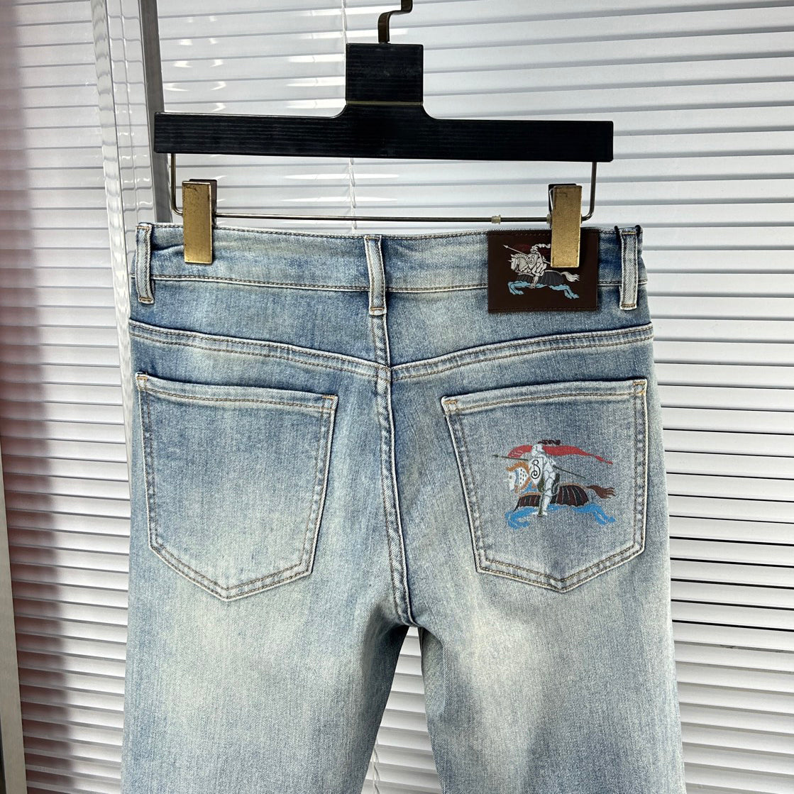 Light Blue Faded Wash Mens Embroidered Pocket Denim Trousers R260516
