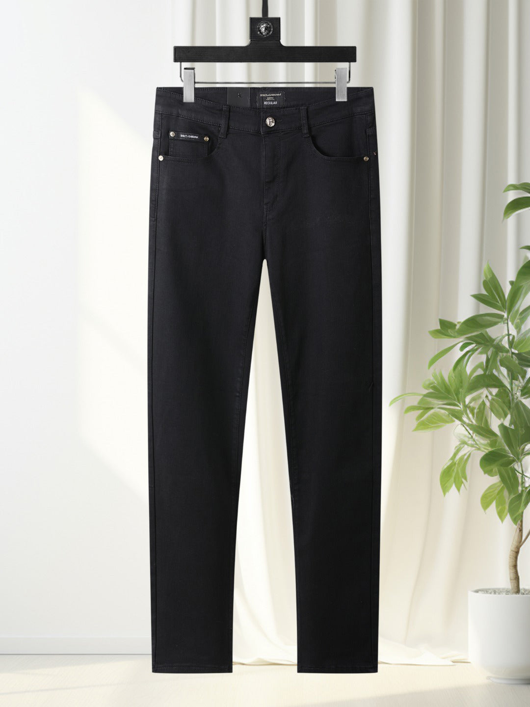 Solid Black Stitched Outline Monogram Slim Denim M260710