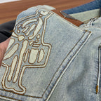 Light Vintage Faded Wash Mens Embroidered Denim Trousers R260504