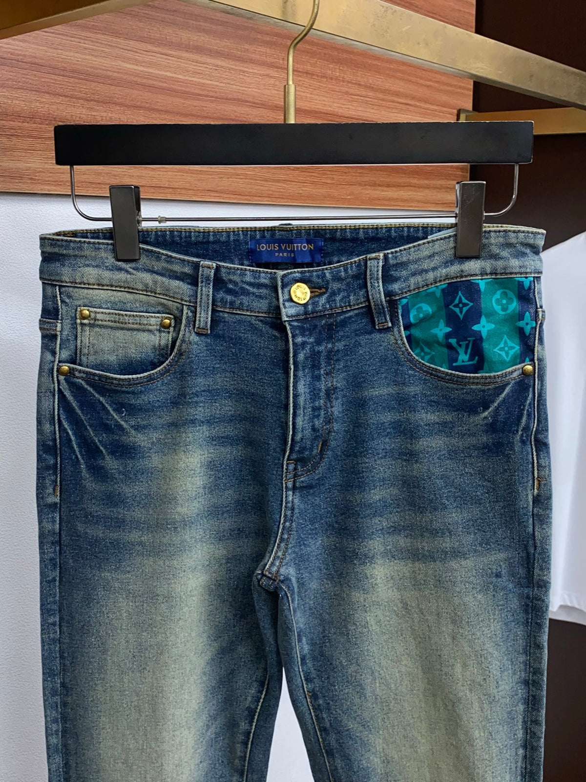 Yellow Tone Retro Denim Jeans With Blue Leather Waist Patch R260537
