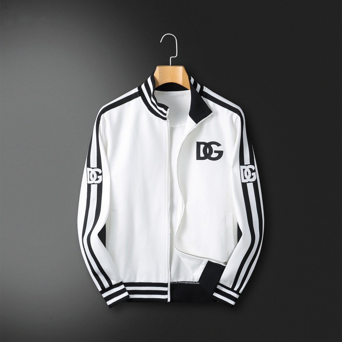 Striped Trim Zip Up Track Suit 2 Piece Jacket & Pants Set U310523