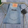Light Wash Blue Statement Text Embroidery Slim Denim Jeans L260602