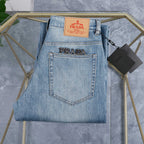 Light Wash Blue Statement Text Embroidery Slim Denim Jeans L260602