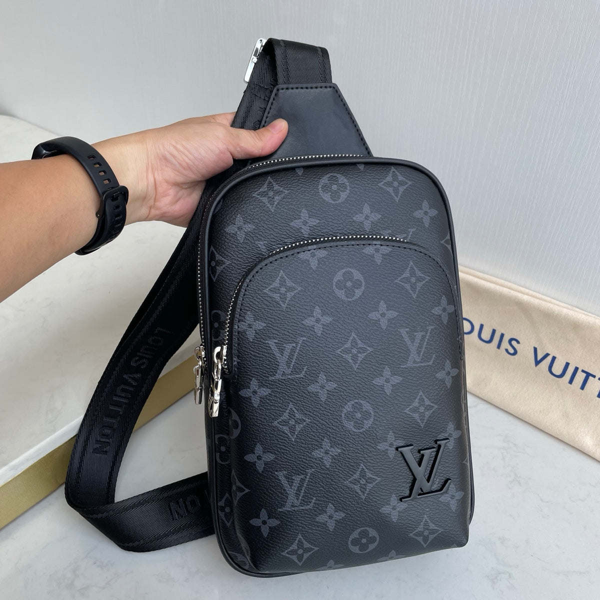 Printed Fabric Metal Logo Vertical Chest Sling Bag B101009