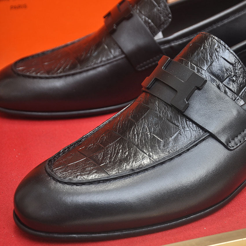 Men's H Buckle Croc Embossed Panel Loafers M10342250