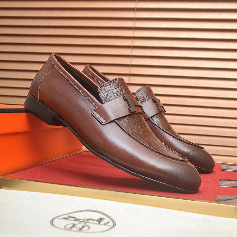 Men's H Buckle Croc Embossed Panel Loafers M10342250