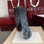 Black Embossed Repeat Pattern Belt With Circular Interlocking Buckle E020809