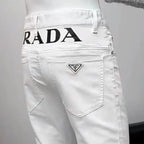 White Waistband Logo Print Triangle Logo Slim Jeans C261007