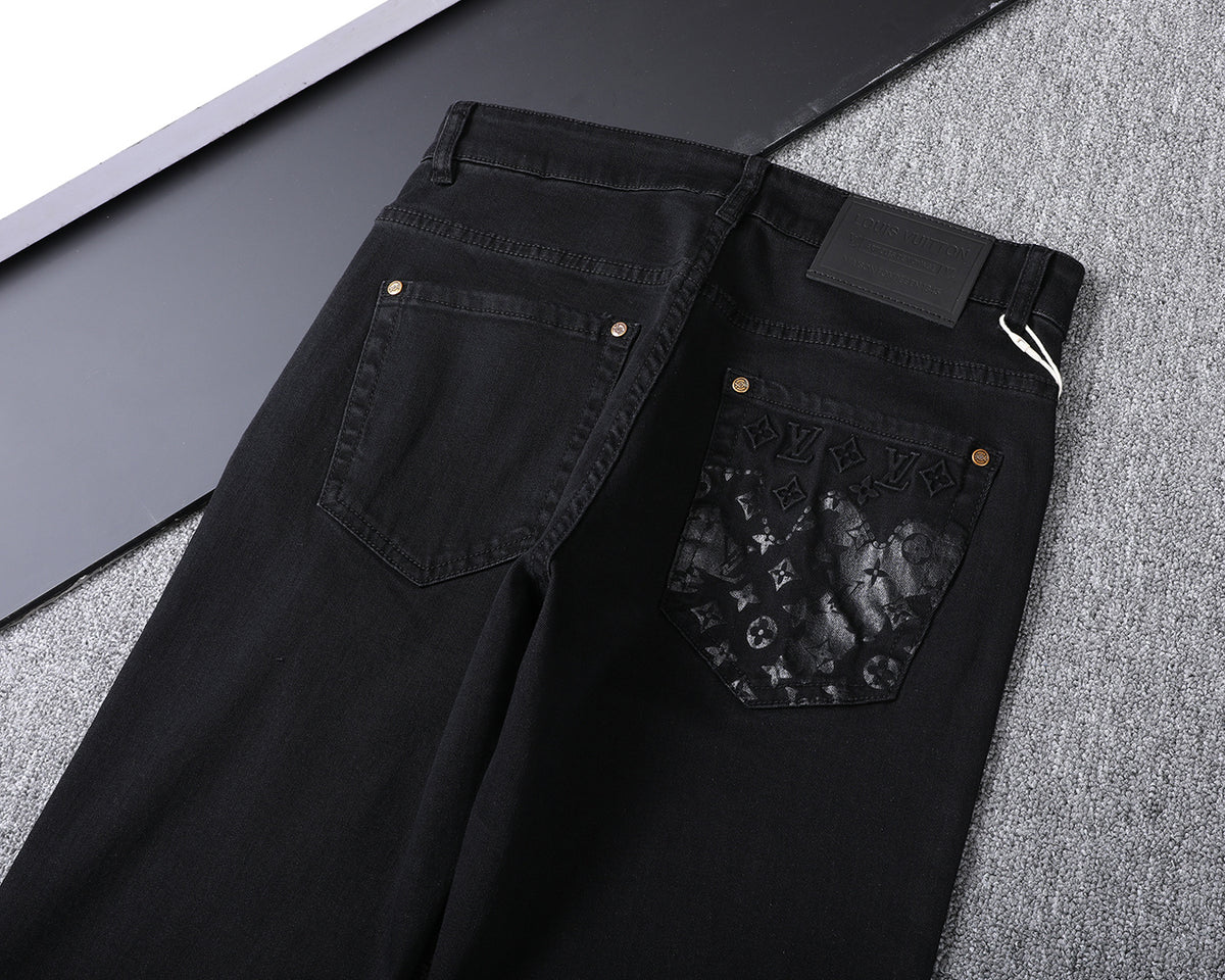 Solid Black Wash Embossed Monogram Jeans V260815