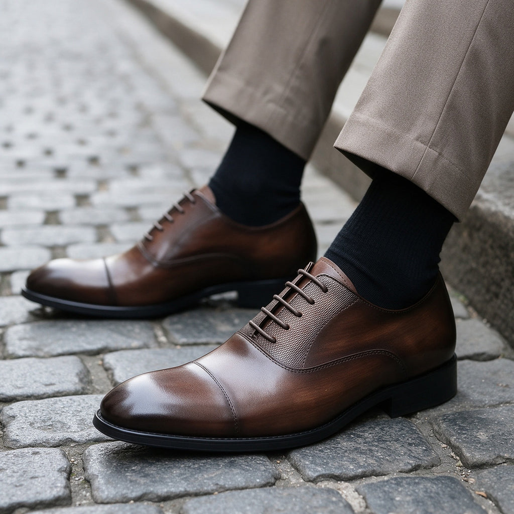 Cap Toe Spliced Texture Oxford Shoes Lace-Up Formal Dress Shoes Y101115