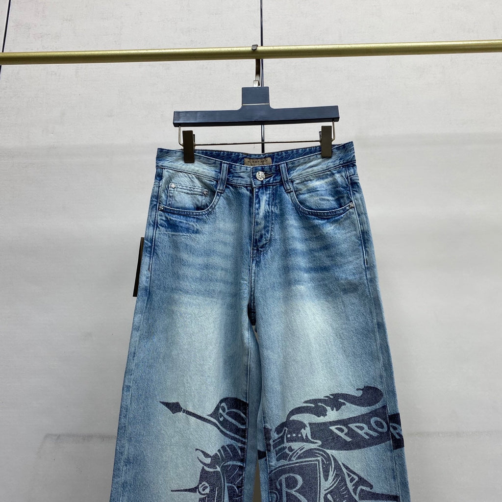 Light Blue Vintage Knight Print Wide Leg Denim Jeans M260732