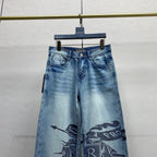 Light Blue Vintage Knight Print Wide Leg Denim Jeans M260732