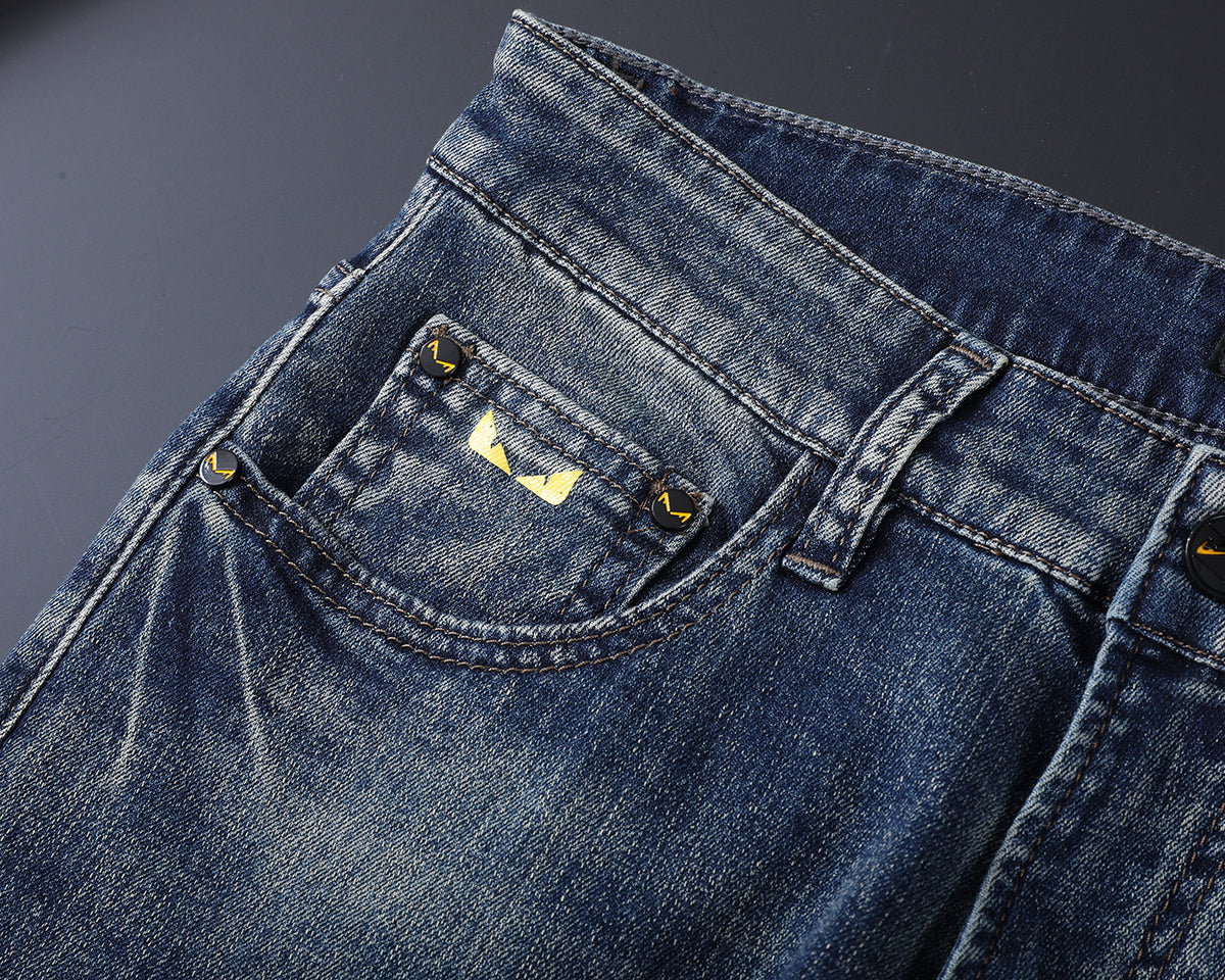 Monogram Letter Printed Pocket Slim Fit Denim V260816