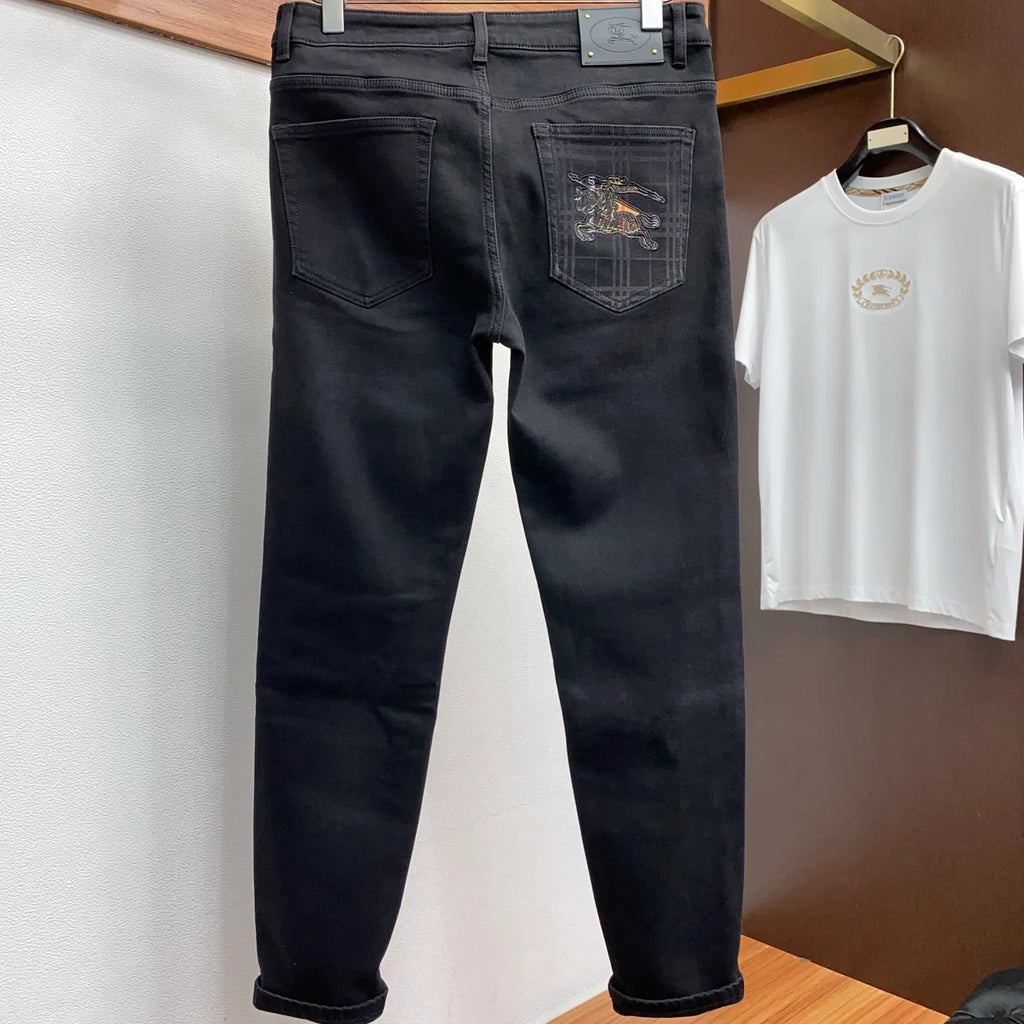 Men Solid Black Embroidered Equestrian Slim Denim Pants E260902