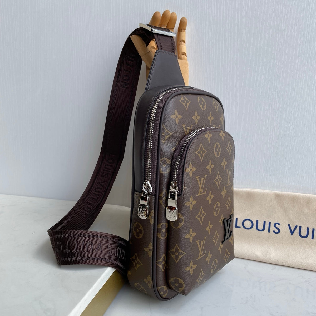 Printed Fabric Metal Logo Vertical Chest Sling Bag B101009