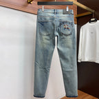Light Faded Wash Mens Knight Motif Embroidered Pocket Denim Trousers R260525