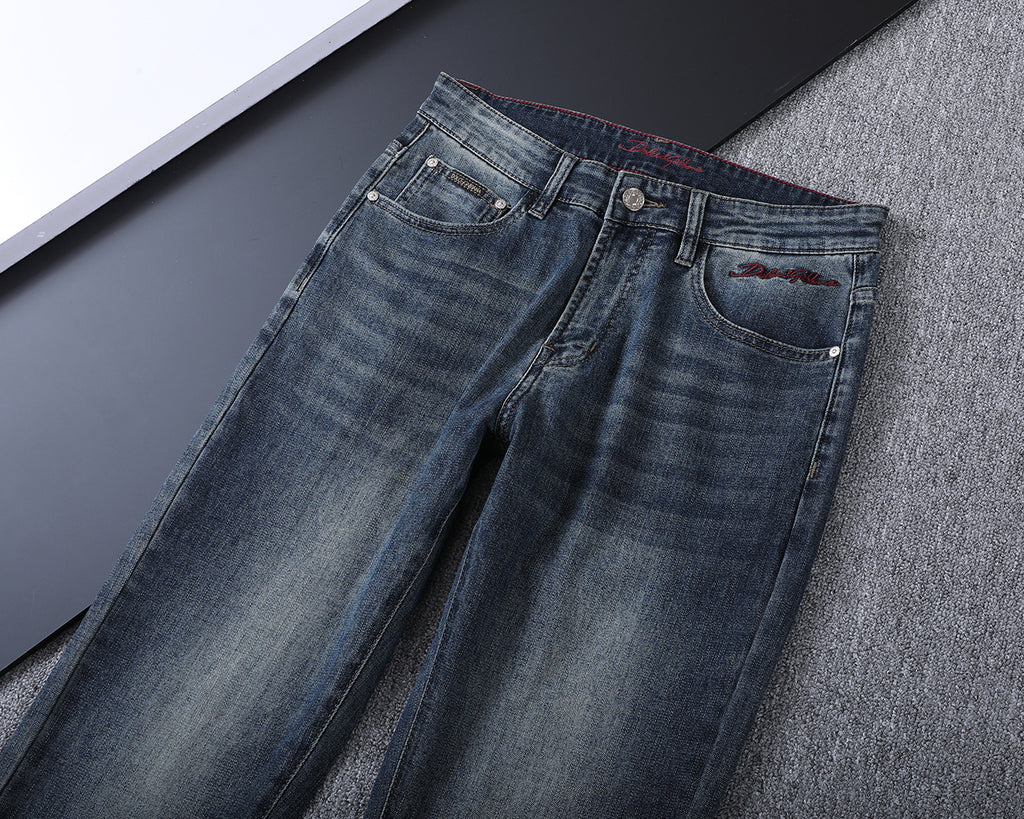 Vintage Embossed Emblem Slim Denim V260822