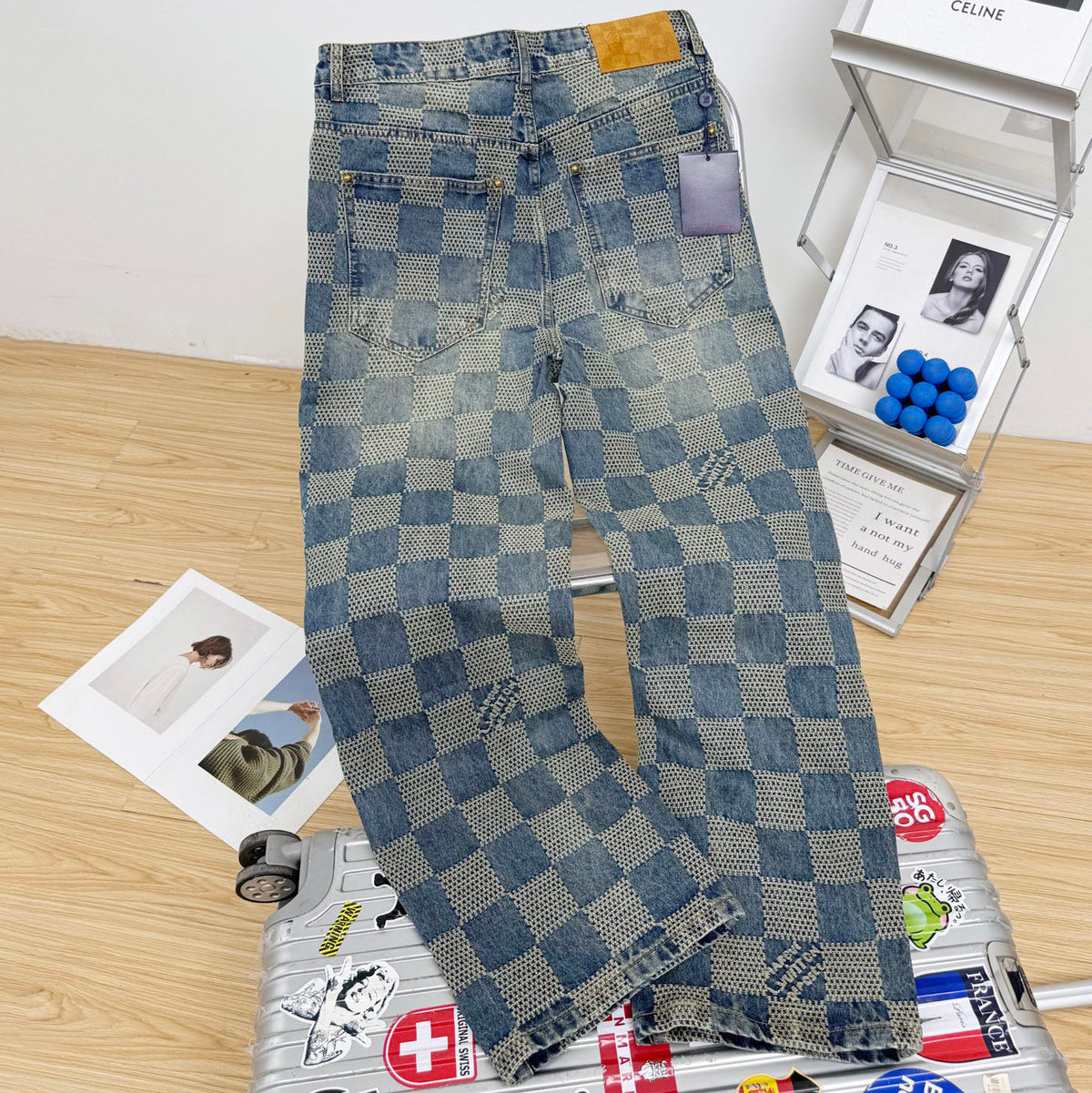 Vintage Blue Checkered Straight Jeans C261044