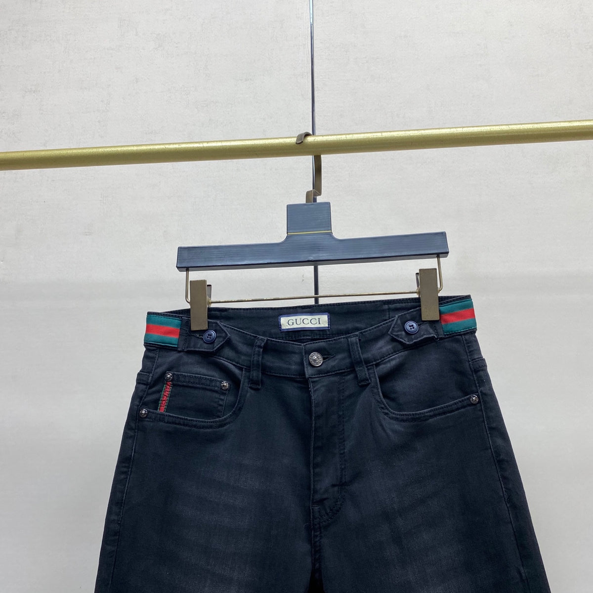 Black Faded Web Stripe Waist Embroidery Jeans V260805